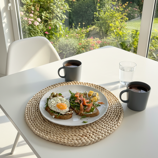 Plate of food with a cup of coffee on a white table