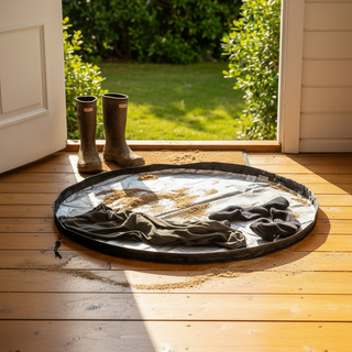 Round black mat with gardening tools on a wooden deck with boots in the background