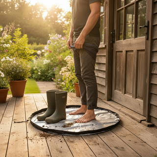 Man standing on the RIVIERA™ Change Mat on a porchwith wellington boots beside them, in a garden setting.