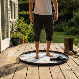 Man standing on the Riviera Change Mat  outdoors on the porch of the House of Creation 
