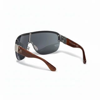Sunglasses with wooden frame and dark lenses on a white background