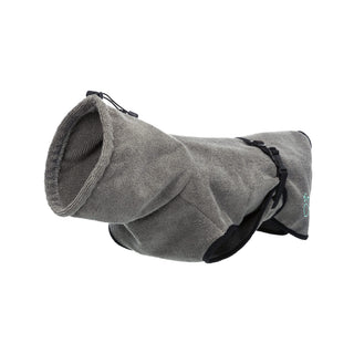 Gray dog coat with black zipper on a white background