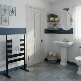Small coastal Bathroom with white walls, a toilet, sink, and AUREA™ Electric Heated Towel Rail – 5 Bars